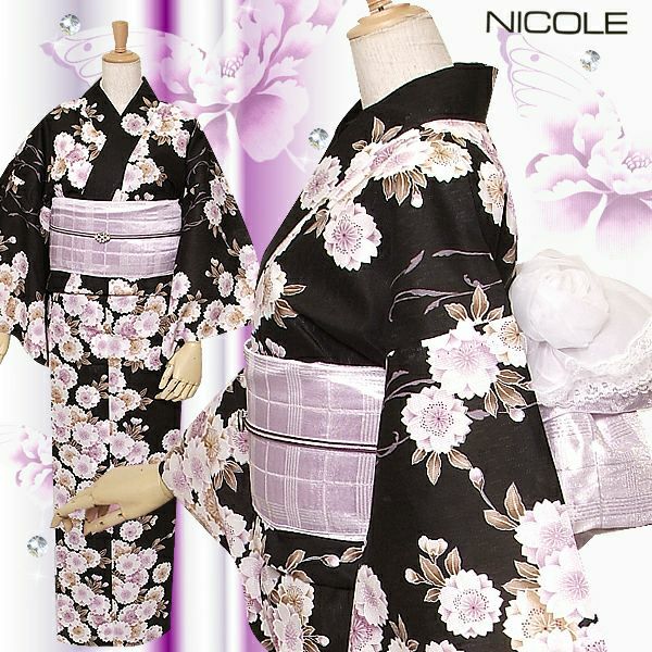 花火大会に行こう！激得ブランド浴衣 自分サイズにお仕立て浴衣5点セット!NICOLE二コル8L-9「ブラック　八重桜」