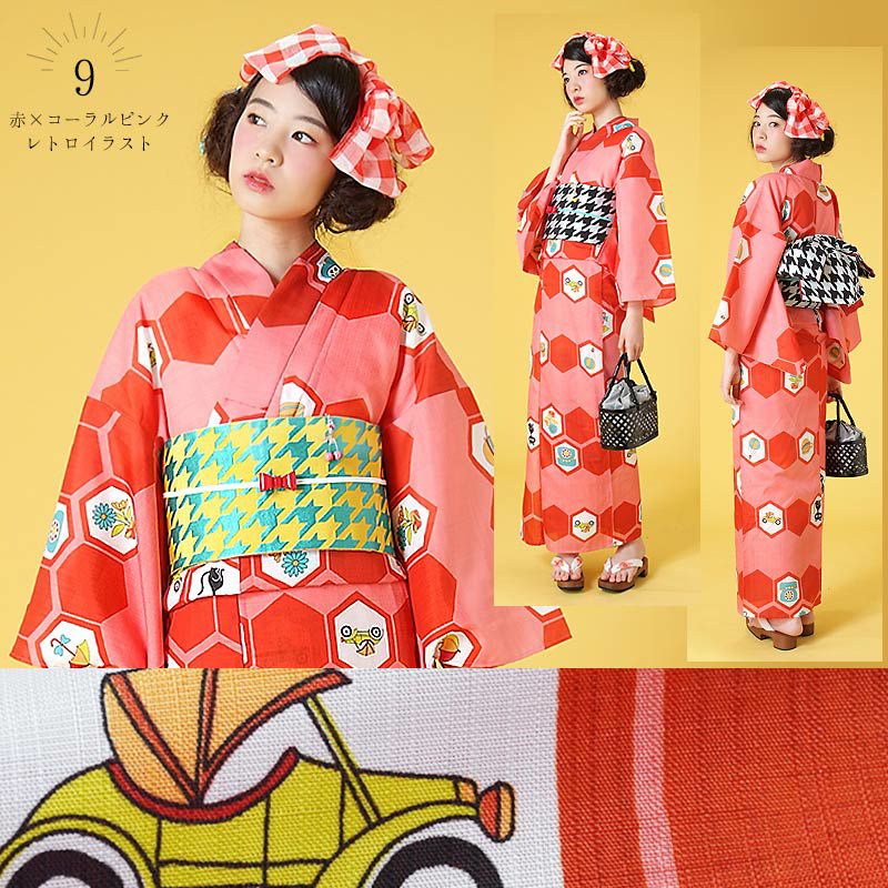 Prices down】浴衣 レディース 単品 「Girly 蝶々 水玉 猫 マリン