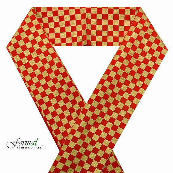 振袖用半襟「赤×ゴールド　市松」正絹半襟 刺繍半衿　振袖　着物　成人式・卒業式