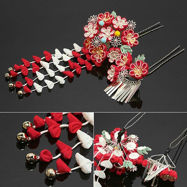 Prices down3】つまみ細工かんざし2本セット「朱赤×白 梅」きもの町