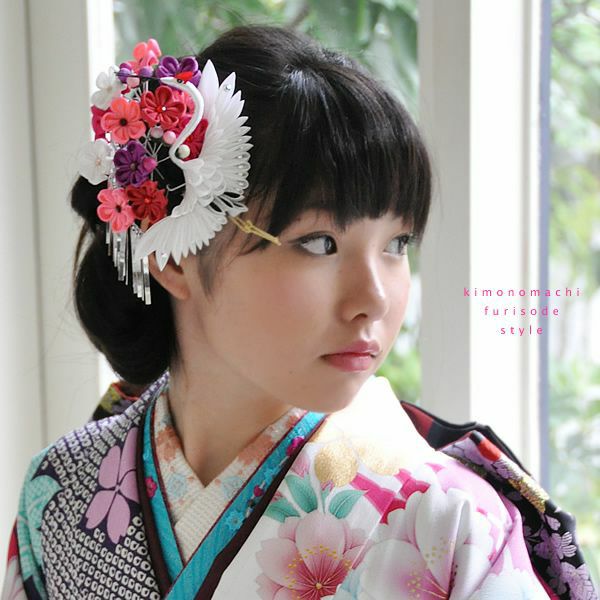 つまみ細工かんざしコーム「ピンク×パープル 梅に大きな鶴」（TS-4）振袖 日本髪 華やかつまみ細工髪飾り