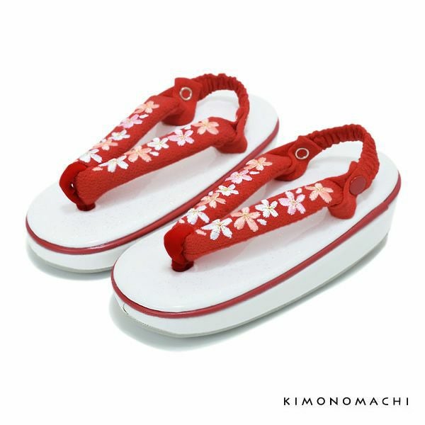 草履単品 女児　3歳用「赤×桜の刺繍鼻緒　白ラメ台」草履かかと止め付き 女の子
