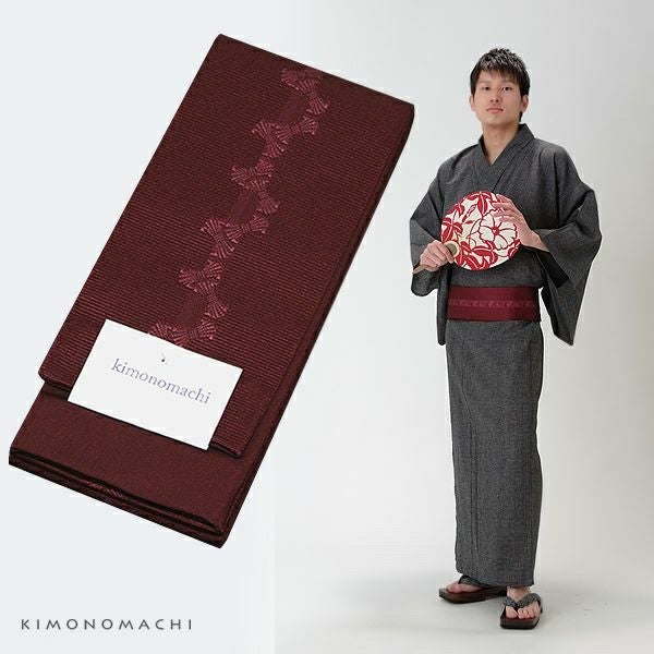 角帯 男性用浴衣帯「赤紫色 束ね熨斗」京都きもの町オリジナル 男性用帯 角帯 小袋帯
