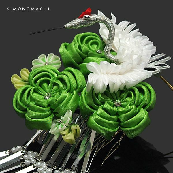 つまみ細工髪飾り「グリーンのお花、翔鶴」舞妓 つまみ髪飾り 振袖用髪飾り 日本髪 振袖 0