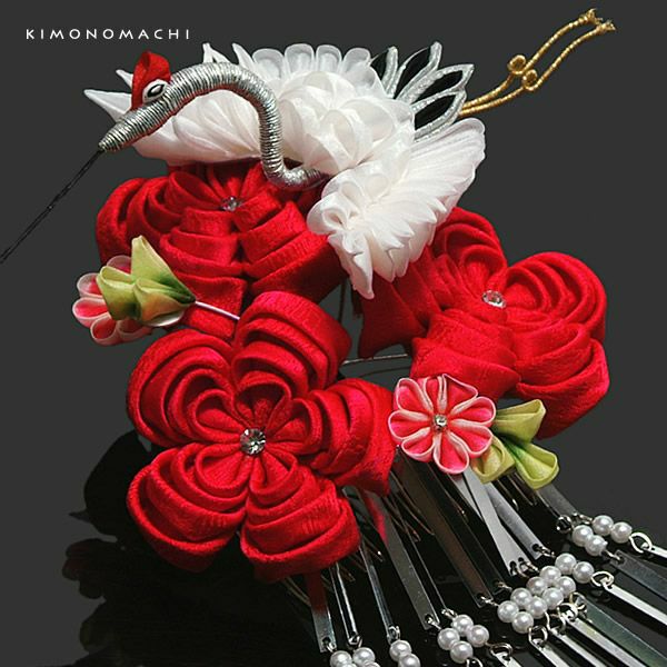 つまみ細工髪飾り「赤色のお花、翔鶴」舞妓 つまみ髪飾り 振袖用髪飾り 日本髪 振袖 (1528)