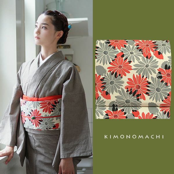 木綿名古屋帯「オレンジレッド×グレー マーガレット」コットン名古屋帯 洒落帯 カジュアル帯