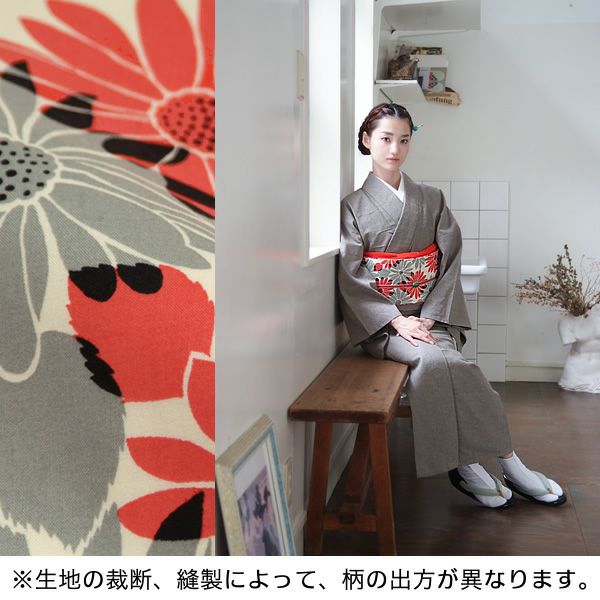 Ü ☆Handmade☆名古屋帯 『コットンレース（マーガレット）✖️ドット』 木綿名古屋帯「オレンジレッド×グレー マーガレット」コットン名古屋帯