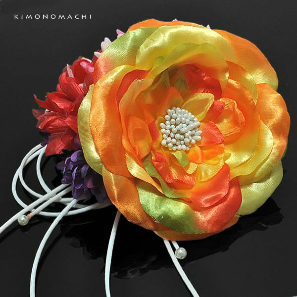 振袖髪飾り「オレンジ×ピンク、赤色のお花」結婚式 振袖 前撮り  （3057）