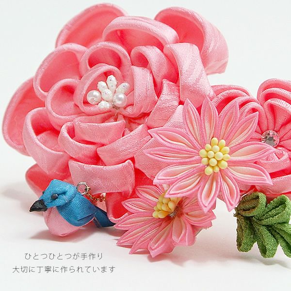 Prices down3】つまみ細工髪飾り単品「ピンクのつまみ細工のお花、鳥
