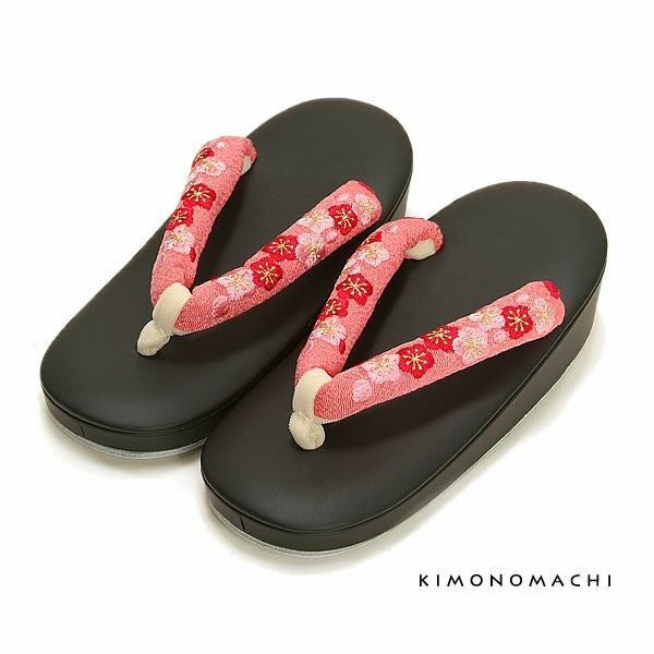 5歳のお子様向け草履単品「梅刺繍ピンク鼻緒×黒色台」七五三 五歳の女の子に   こども草履  子供 女児 753