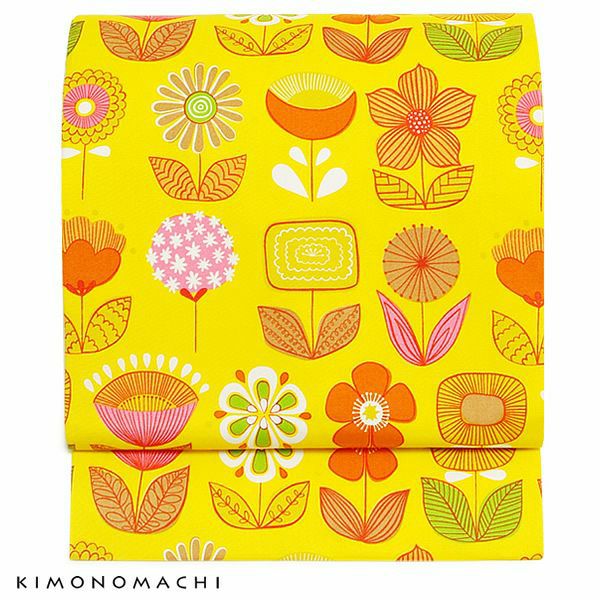 アンティーク名古屋帯個性的レトロポップ✨しつけ糸残りあり325㎝ Prices down3】木綿名古屋帯「イエロー レトロポップフラワー」長尺も