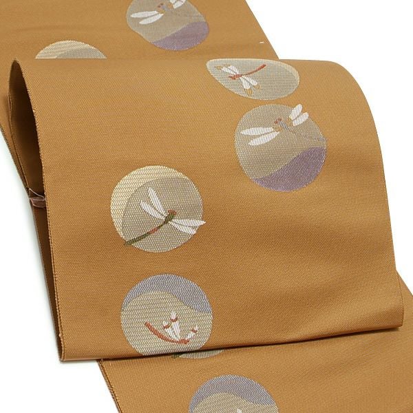 未仕立て名古屋帯「黄土色 丸に蜻蛉」正絹帯 洒落帯   正絹名古屋帯