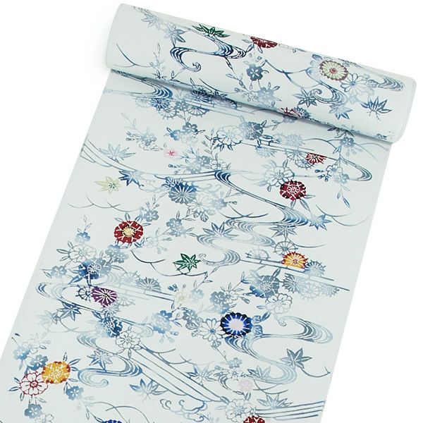 Prices down2】手ざし紅型正絹小紋着尺「薄雲鼠色 流水、霞に草花」未