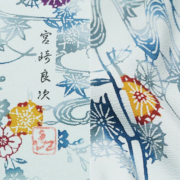 Prices down2】手ざし紅型正絹小紋着尺「薄雲鼠色 流水、霞に草花」未