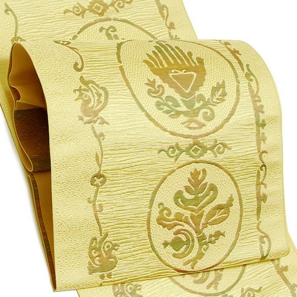 本場筑前博多織名古屋帯「イエロークリーム 箔細工」未仕立て 八寸帯 洒落帯  紋織八寸名古屋帯