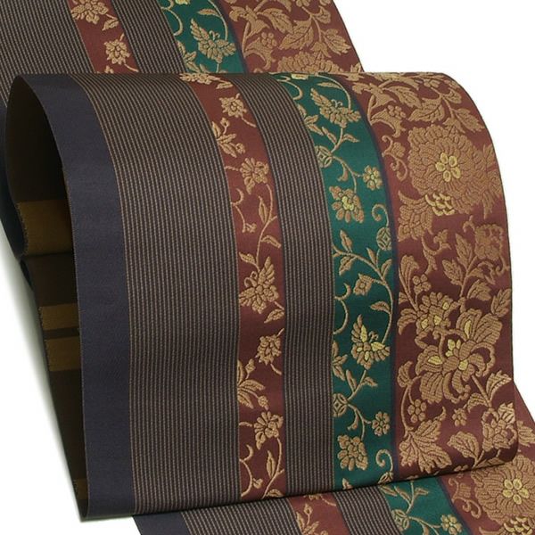 Prices down2】本場筑前博多織名古屋帯「焦げ茶色 華文縞」未仕立て 八