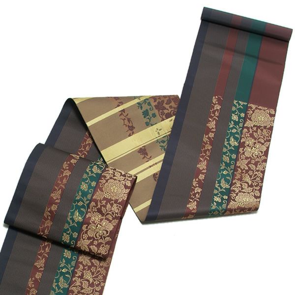 Prices down2】本場筑前博多織名古屋帯「焦げ茶色 華文縞」未仕立て 八