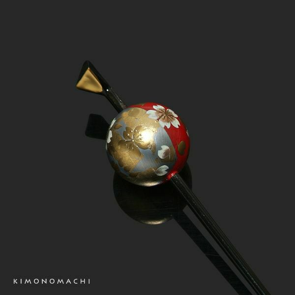 一本挿しかんざし「赤×銀色 桜と蝶」花しおり 日本髪   簪 （8847-1）