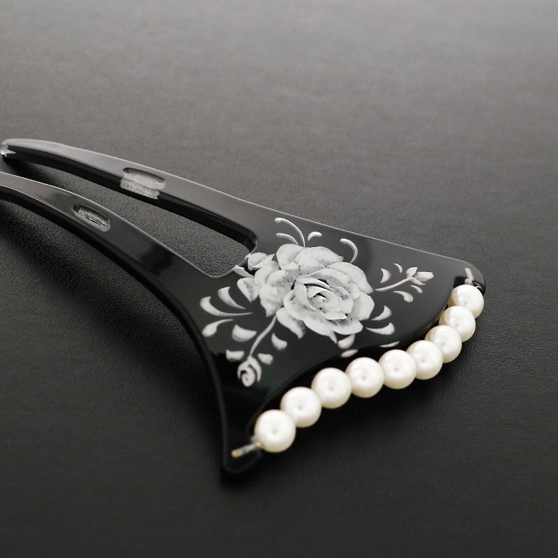 銀杏型かんざし「黒色 薔薇」 イチョウ型かんざし 簪  パールビーズ付き （CM341 黒）