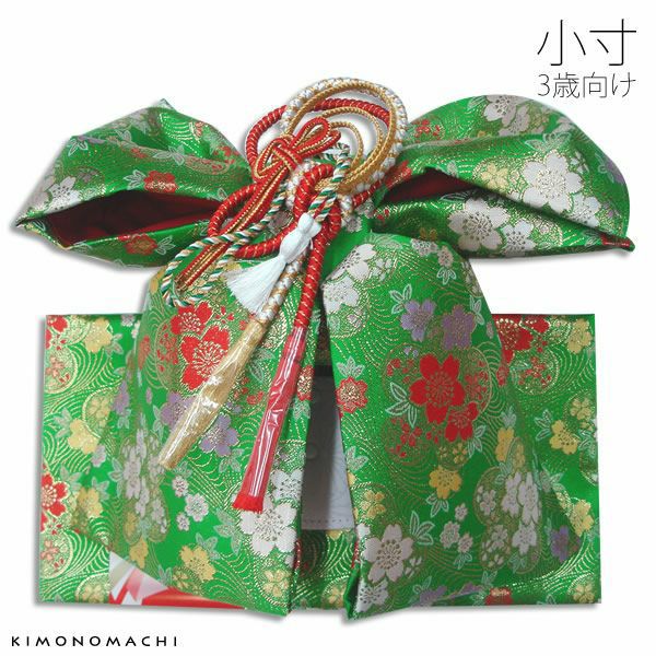 3歳の女の子向け結び帯「グリーン系 総柄」七五三 作り帯 ひな祭り、桃の節句 お正月にも 付け帯 (小) 女児 753