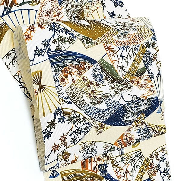 濱まわた紬九寸帯「扇子尽し」未仕立て 日本の絹 六通柄 名古屋帯 浜つむぎ