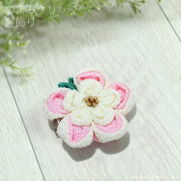 つまみ細工髪飾り「ピンク×オフホワイト まんまるお花」クリップ髪飾り レトロ   普段使い