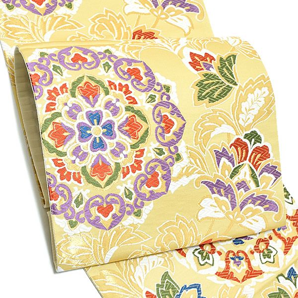 振袖袋帯「淡黄色 唐花、華文」振袖 西陣織 振袖帯 六通柄 未仕立て