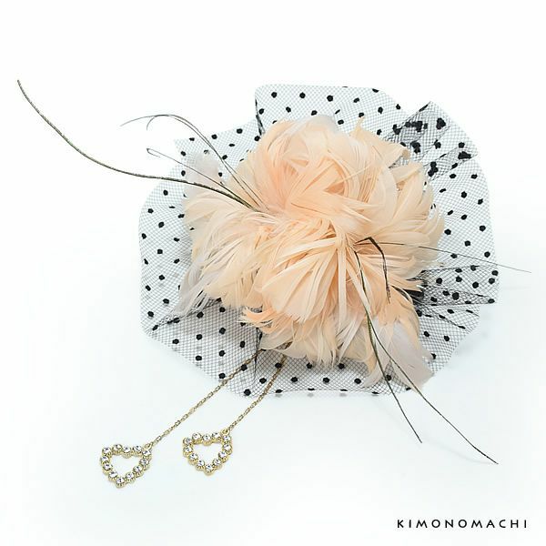 振袖髪飾り「オレンジベージュの羽根飾り、ラインストーン下がり飾り」振袖 ラインストーン飾り ヘアアクセサリー クリップ髪飾り ヘッドドレス