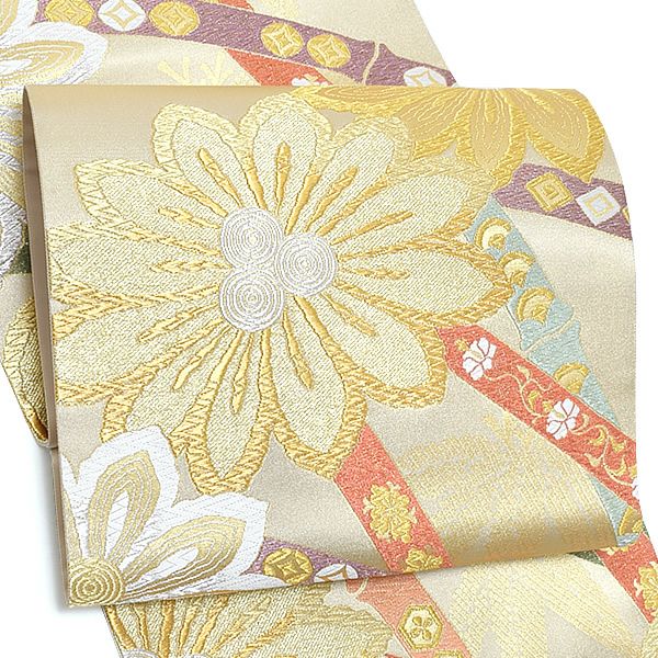 西陣織袋帯「ゴールド 竹に花」西陣織 振袖 京都西陣 正絹帯 未仕立て