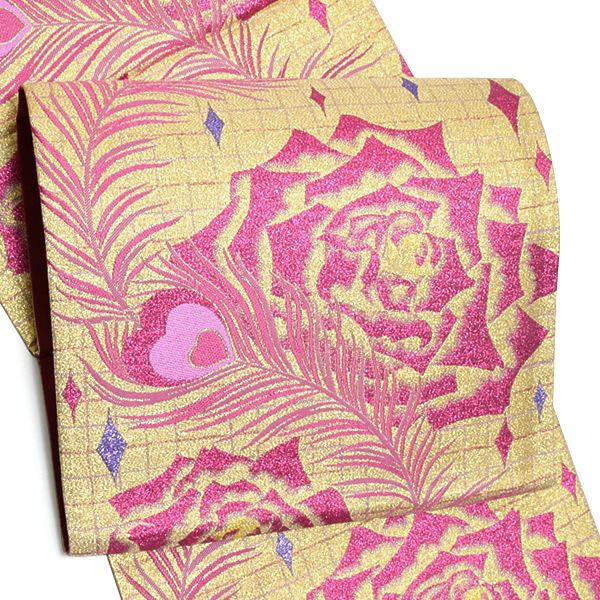Prices down4】振袖袋帯「ゴールド 孔雀の羽根、薔薇」振袖 西陣織