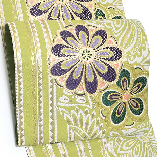 振袖袋帯「萌黄色 モダン唐草、花文」振袖 西陣織 振袖帯 六通柄 未仕立て