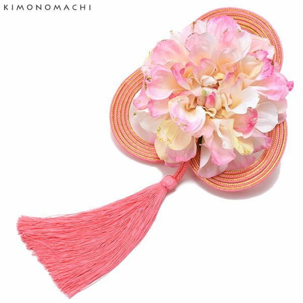 振袖髪飾り「ピンクぼかしのお花、紐、房飾り」振袖 成人式 前撮り フラワーコーム お花髪飾り