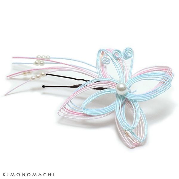 水引き髪飾り「水色×ピンク」ポイント髪飾り 振袖、袴に ヘアアクセサリー ヘアアレンジ Uピン髪飾り （UP-12）