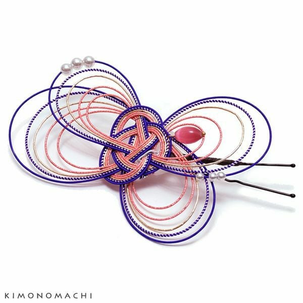 水引き髪飾り「ブルー×サーモンピンク」ポイント髪飾り 振袖、袴に ヘアアクセサリー ヘアアレンジ Uピン髪飾り （UP-16）