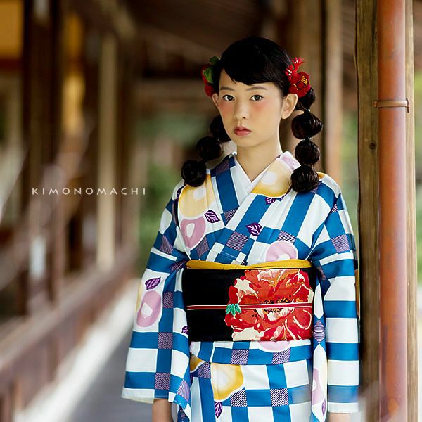 袷洗える着物単品「青色格子に椿」京都きもの町オリジナル お仕立て上がり着物 ポリエステル着物 プレタ M、L、TL、LL