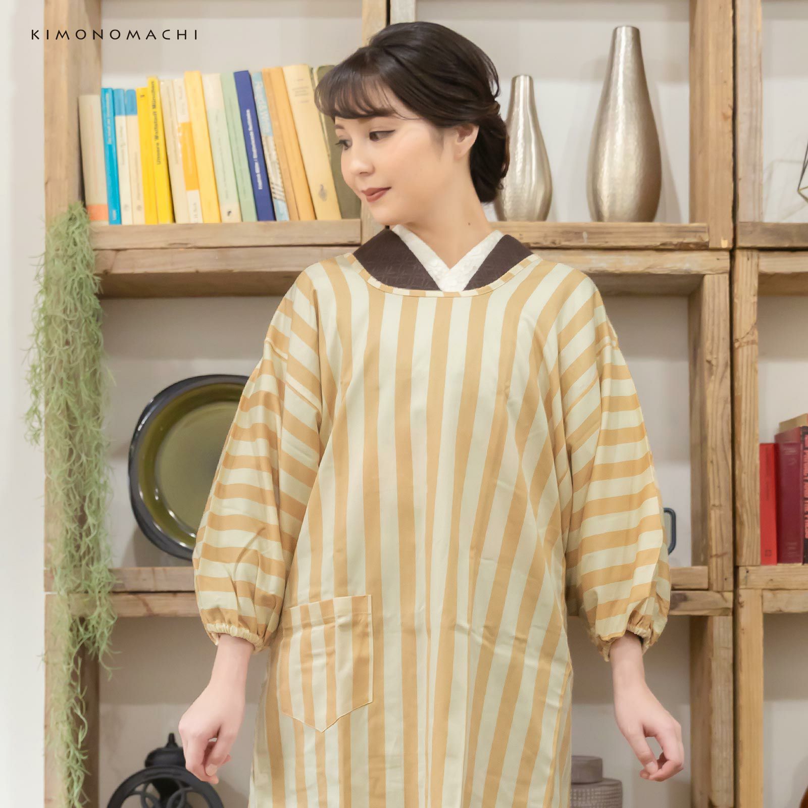 ロング丈 割烹着「ベージュ ストライプ」実用的 日本製 オシャレ