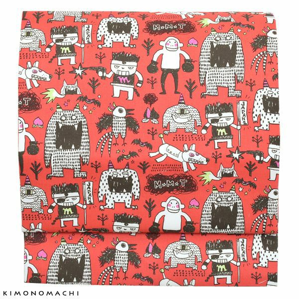 木綿名古屋帯「ポピーレッド モモタロウ」長尺もあります コットン名古屋帯 仕立て上がり帯 カジュアル 洒落帯