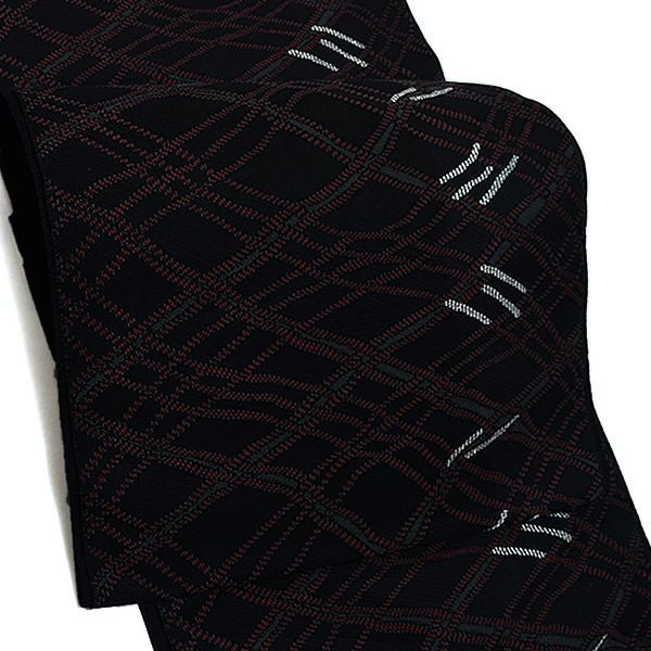 九寸名古屋帯「黒色 ゆらぎ斜め格子」未仕立て 小紋、紬、お洒落着に 正絹名古屋帯 九寸名古屋帯 洒落帯