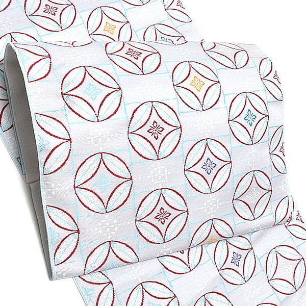 九寸名古屋帯「オフホワイト 七宝」未仕立て 小紋、紬、お洒落着に 正絹名古屋帯 九寸名古屋帯 洒落帯