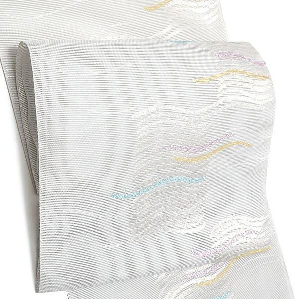 夏絽名古屋帯「白鼠色 波」未仕立て 小紋、紬、お洒落着に 正絹名古屋帯 九寸名古屋帯 洒落帯