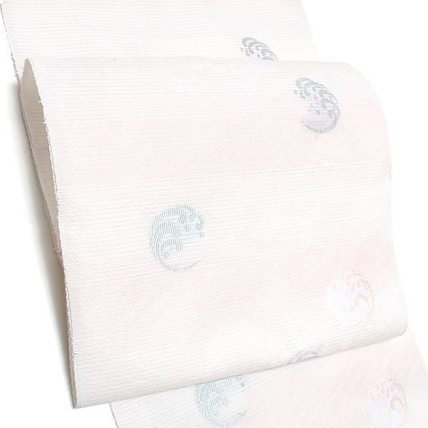 夏絽名古屋帯「ピンク色ぼかし 波の丸文」未仕立て 小紋、紬、お洒落着に 正絹名古屋帯 九寸名古屋帯 洒落帯