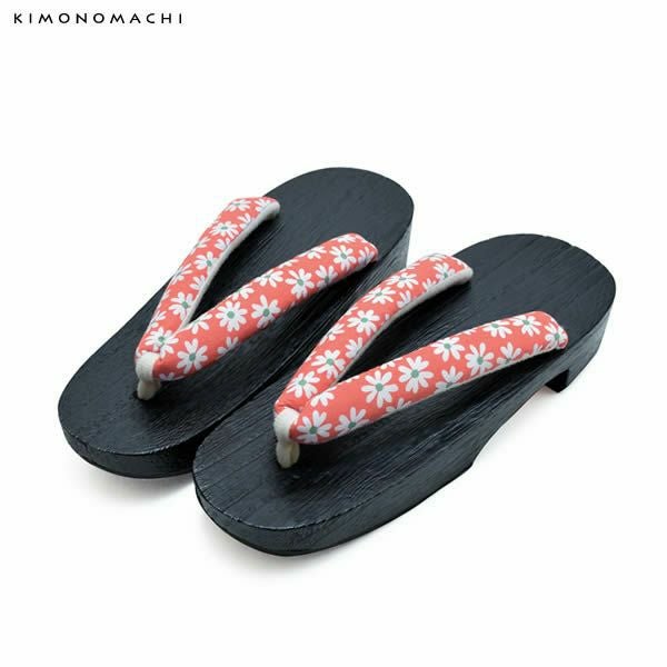 女性下駄単品「オレンジ 小花」F、LLサイズ 桐下駄   レディース
