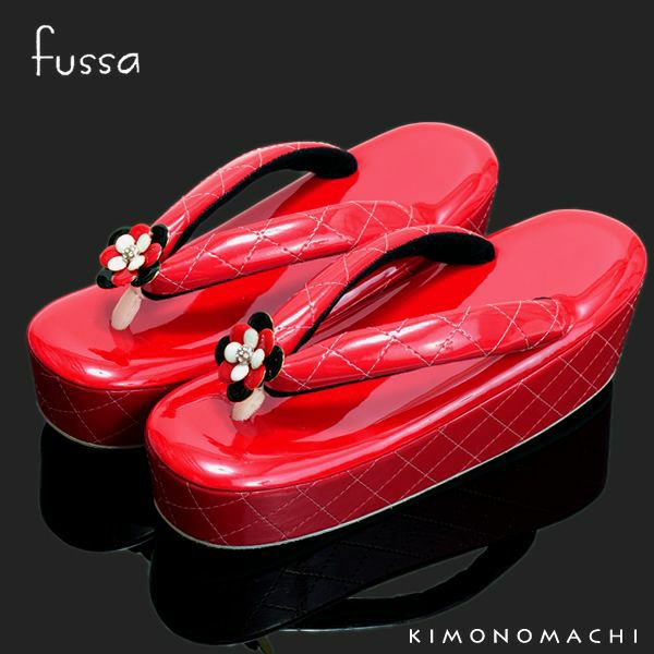 Prices down4】fussa草履単品「赤色ステッチ お花飾り付き」ステッチ