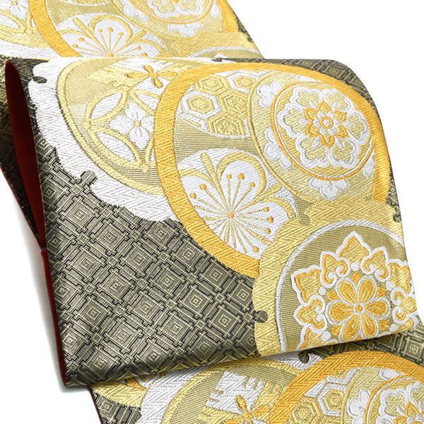 振袖袋帯「ゴールド×黒色 雪輪、丸文」未仕立て 京都西陣 六通柄  西陣織