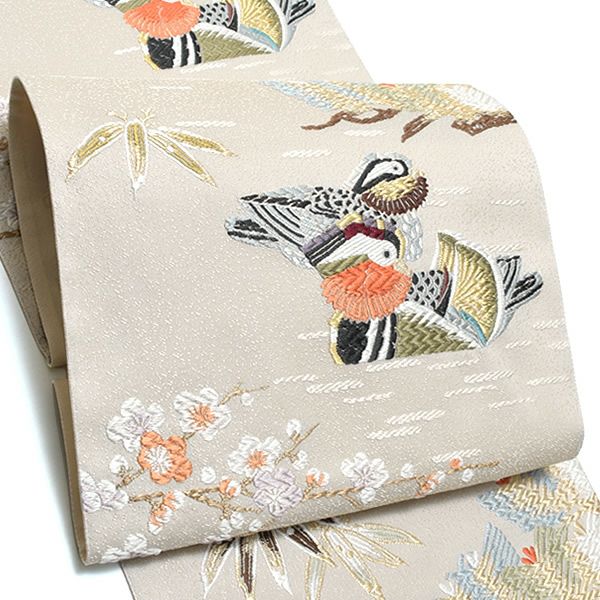 礼装袋帯「オフホワイト 松竹梅鴛鴦文」未仕立て 京都西陣 六通柄 羽田登喜男監修 西陣織