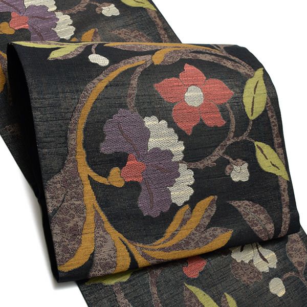 礼装袋帯「黒茶色 花更紗」未仕立て 京都西陣 六通柄  西陣織