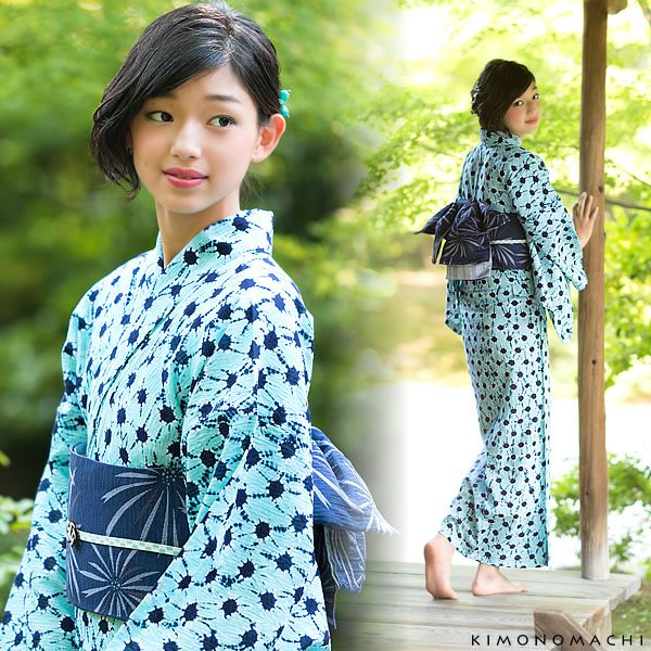 未使用　絞り浴衣 、紺地 毬柄 単品　手縫い昭和レトロ 女性浴衣「紺×グリーン 日の出絞り」絞り 浴衣単品 お仕立て上がり