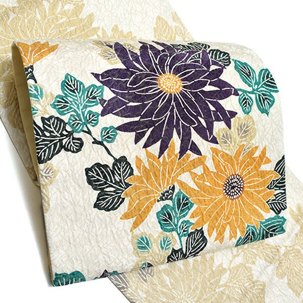 洒落袋帯「薄ベージュ 菊花」未仕立て 正絹帯 和染紅型 紬 栗山吉三郎