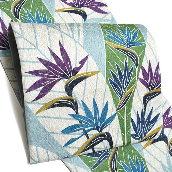 洒落袋帯「ブルー 葉っぱ」未仕立て 正絹帯 和染紅型 紬 栗山吉三郎