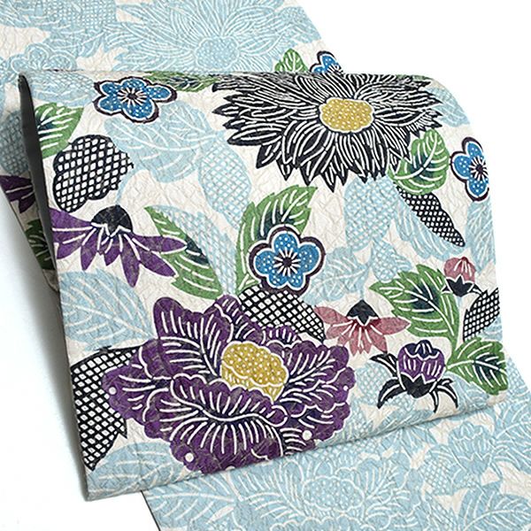 洒落袋帯「ブルー 牡丹と菊花」未仕立て 正絹帯 和染紅型 紬 栗山吉三郎